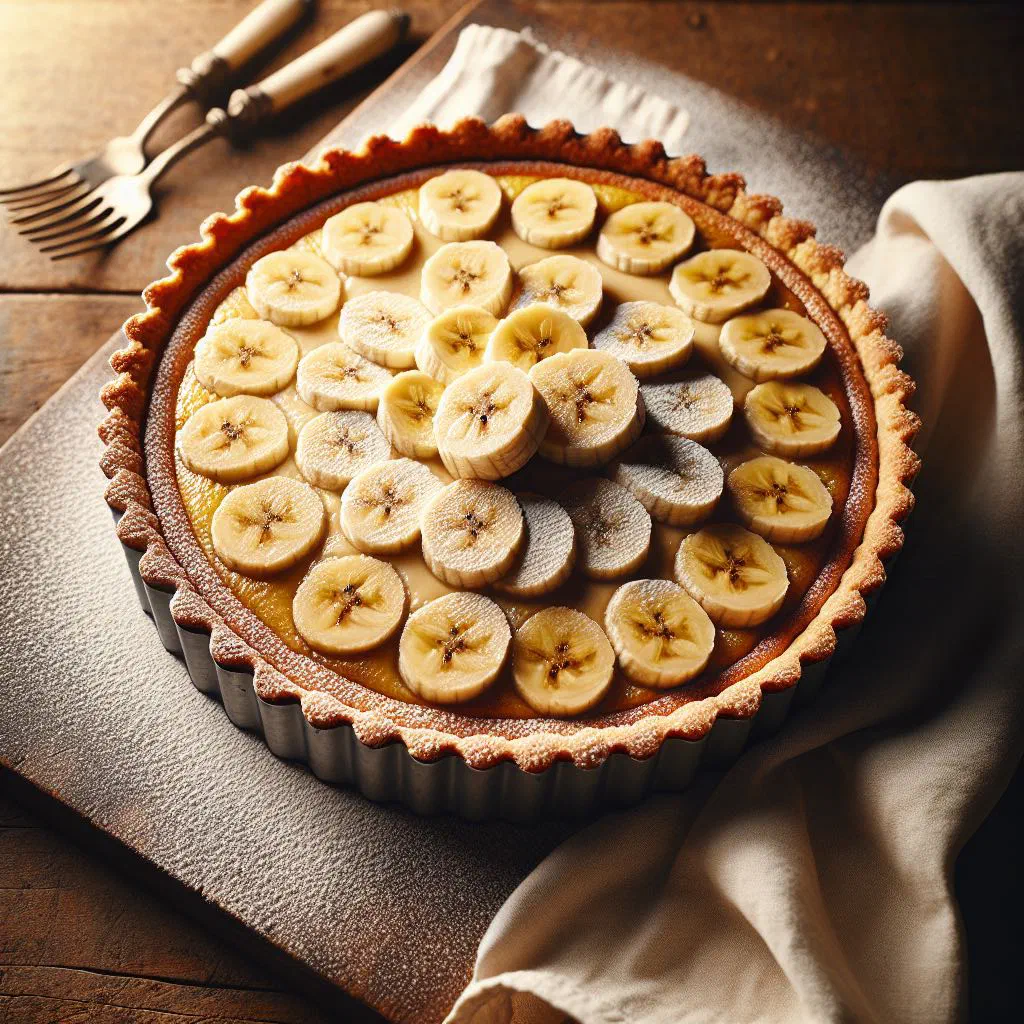 Golden baked banana tart topped with sliced ripe bananas