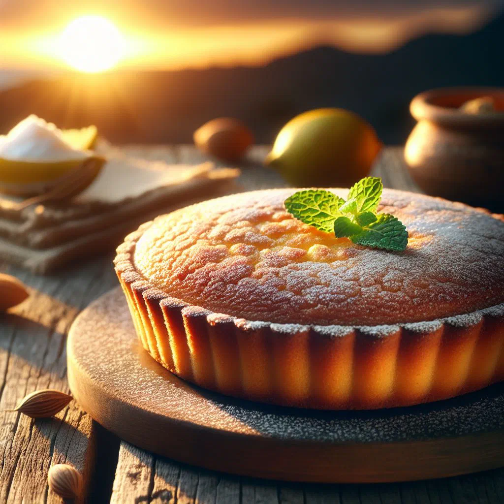 Golden baked tarte de gofio dusted with a little sugar on a dessert plate