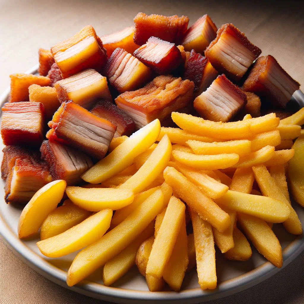Crispy fried pork with golden potatoes on a rustic plate