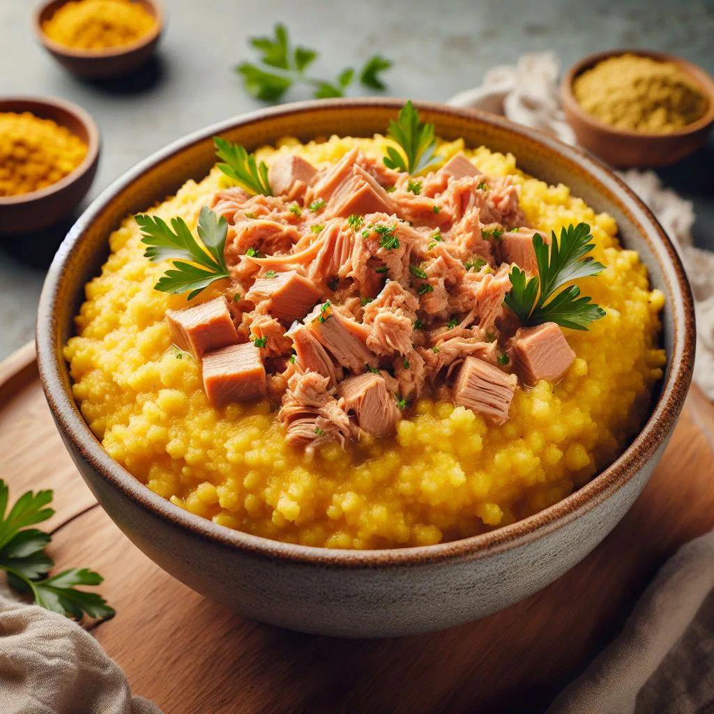 Creamy Cape Verdean xerém topped with tuna and fresh herbs