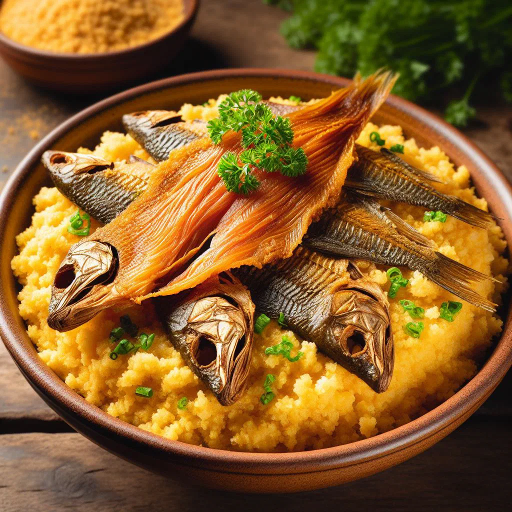 Creamy cornmeal porridge topped with flaked dried fish
