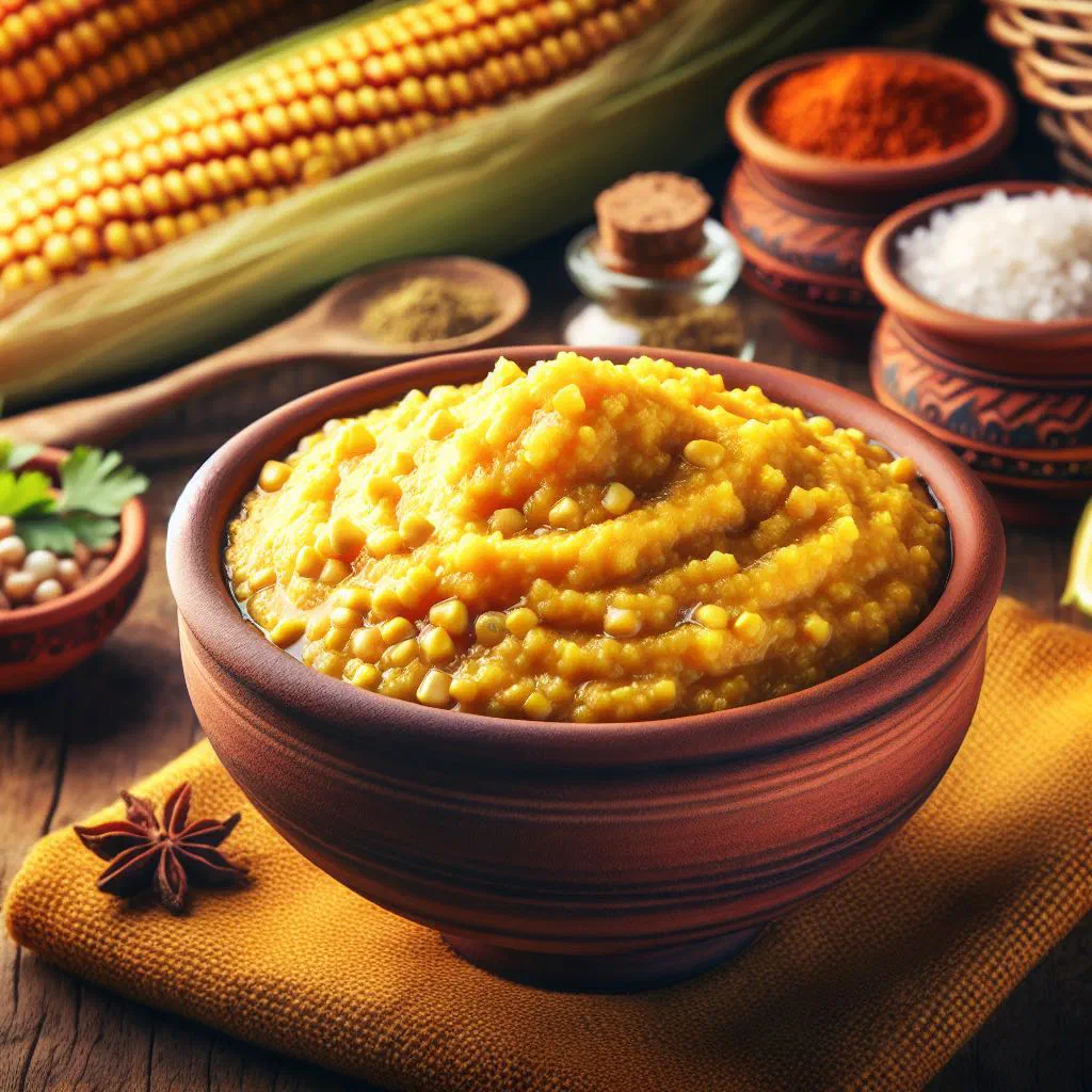 A bowl of creamy Cape Verdean xerém made with cornmeal and beans