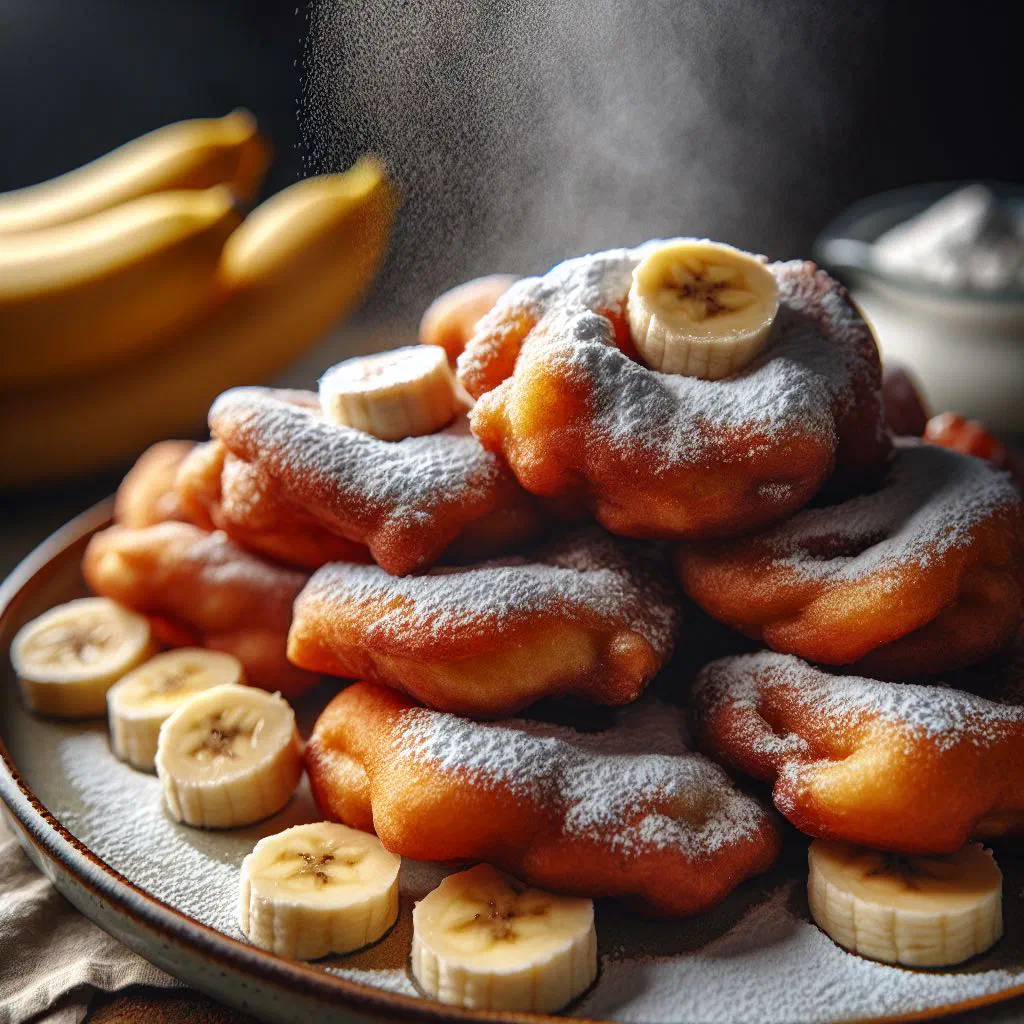 Golden banana fritters dusted with icing sugar on a plate