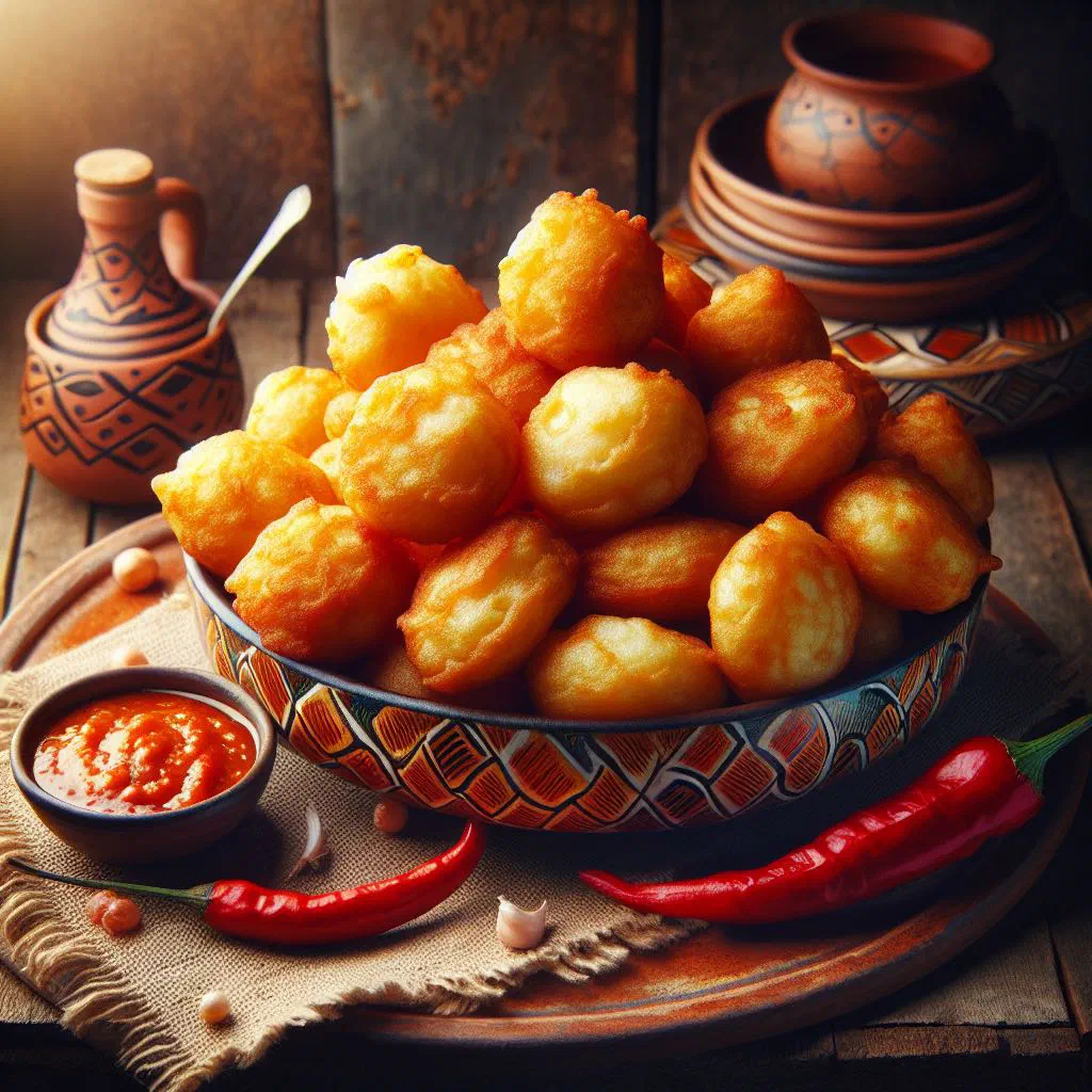 Golden fried cassava fritters piled on a rustic plate