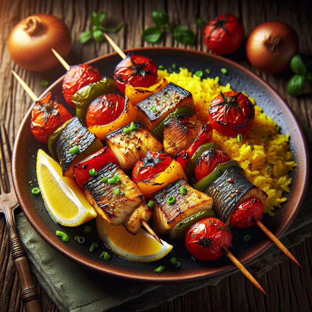 Grilled fish skewers with lime wedges and fresh herbs