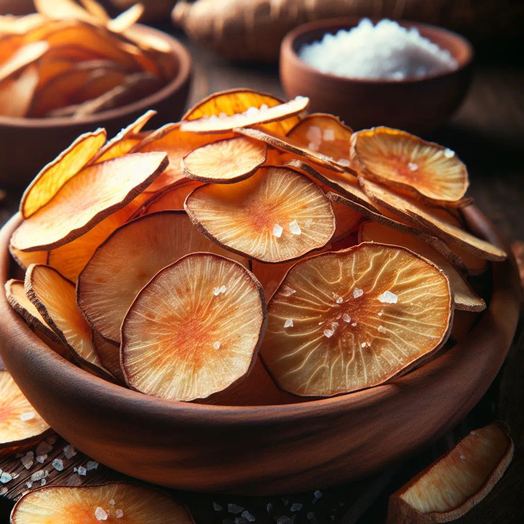 Golden deep-fried cassava crisps piled in a bowl and sprinkled with salt