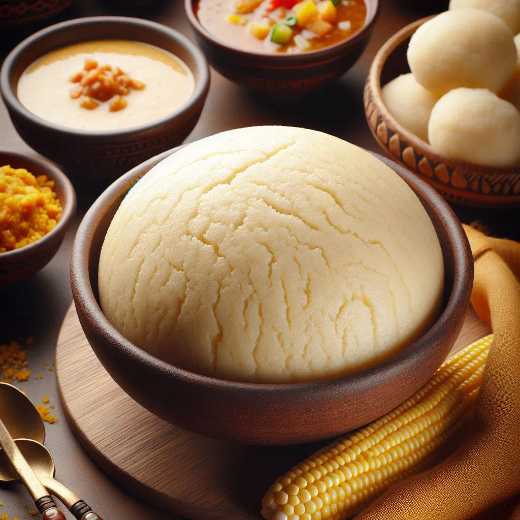 Smooth balls of maize foufou served in a bowl with sauce
