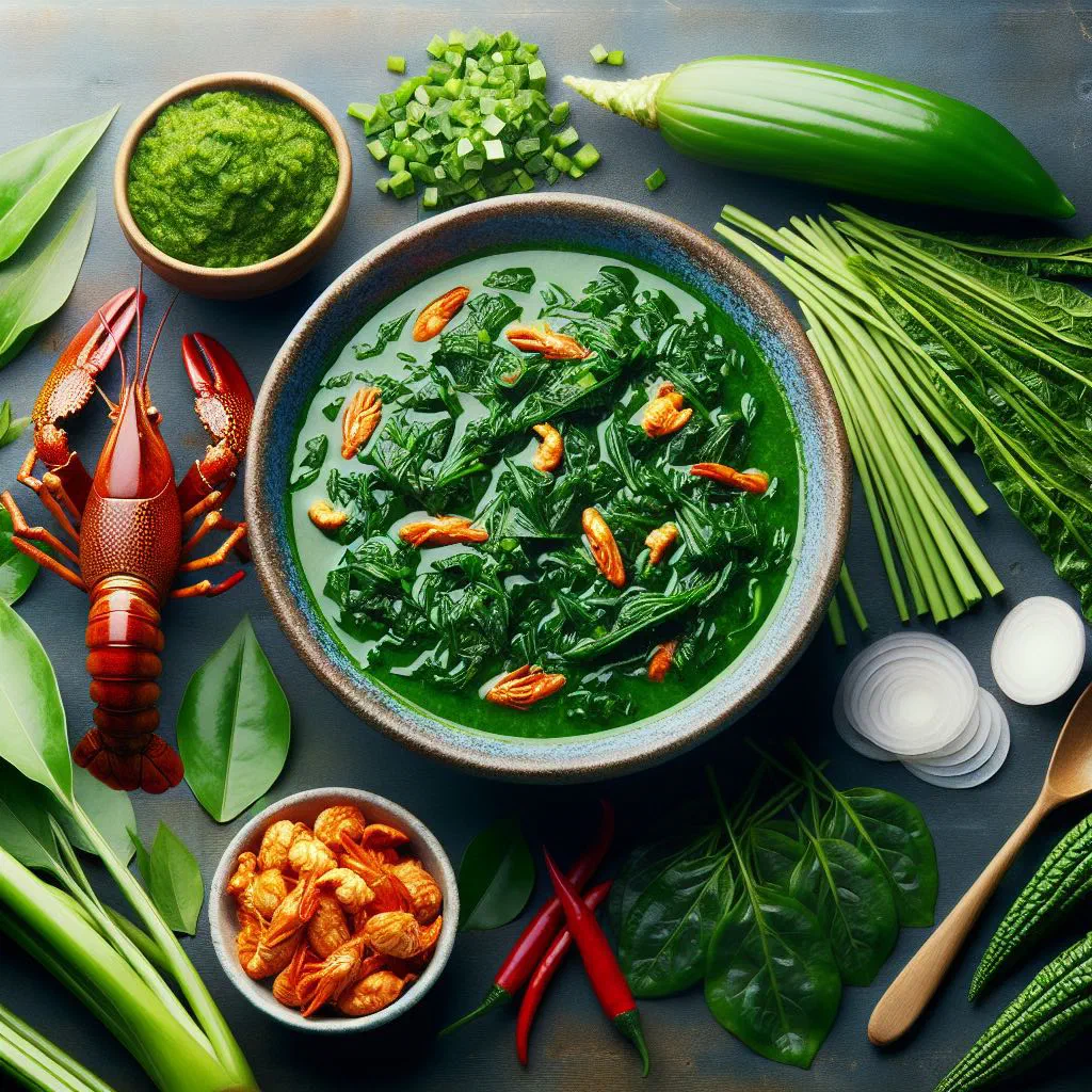 Fumbwa stew of wild greens with peanuts and meat in a bowl