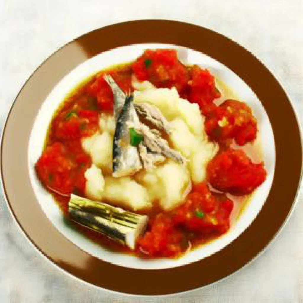 Bowl of gari foto made from cassava, served with colourful vegetables