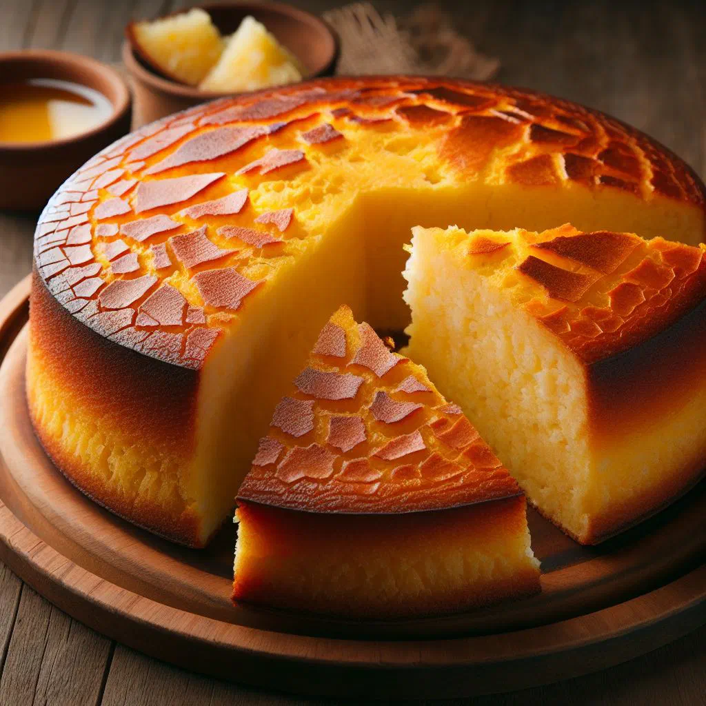 Golden baked cassava cake cut into squares on a plate