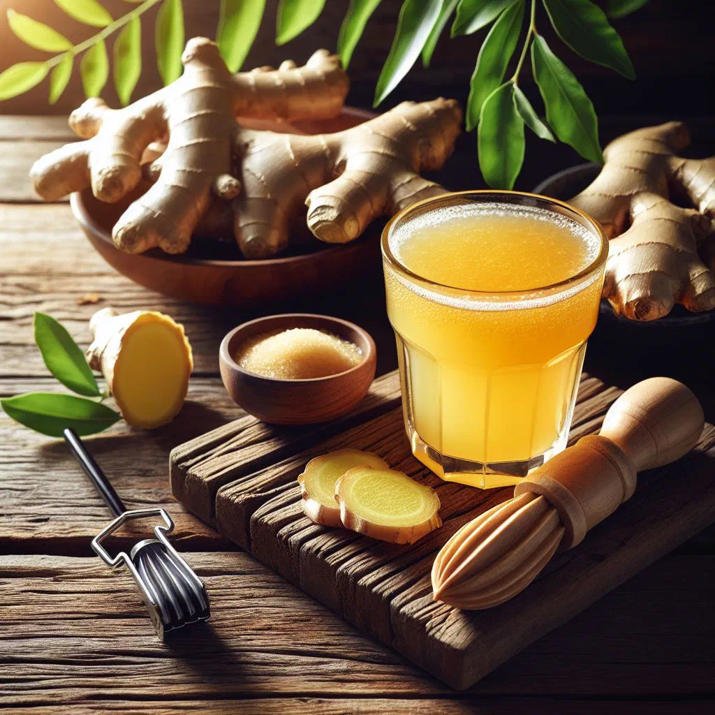 Chilled ginger juice in a tall glass with lemon slices and fresh mint