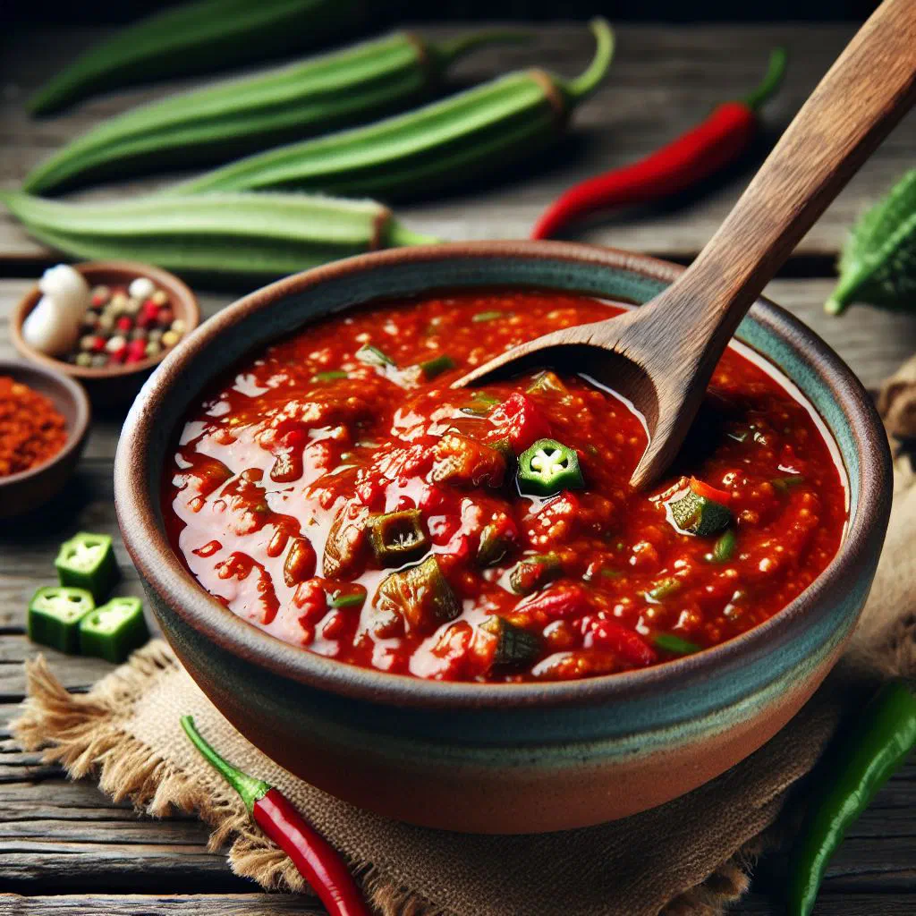 Bowl of gombo sauce with okra and tomatoes served with rice