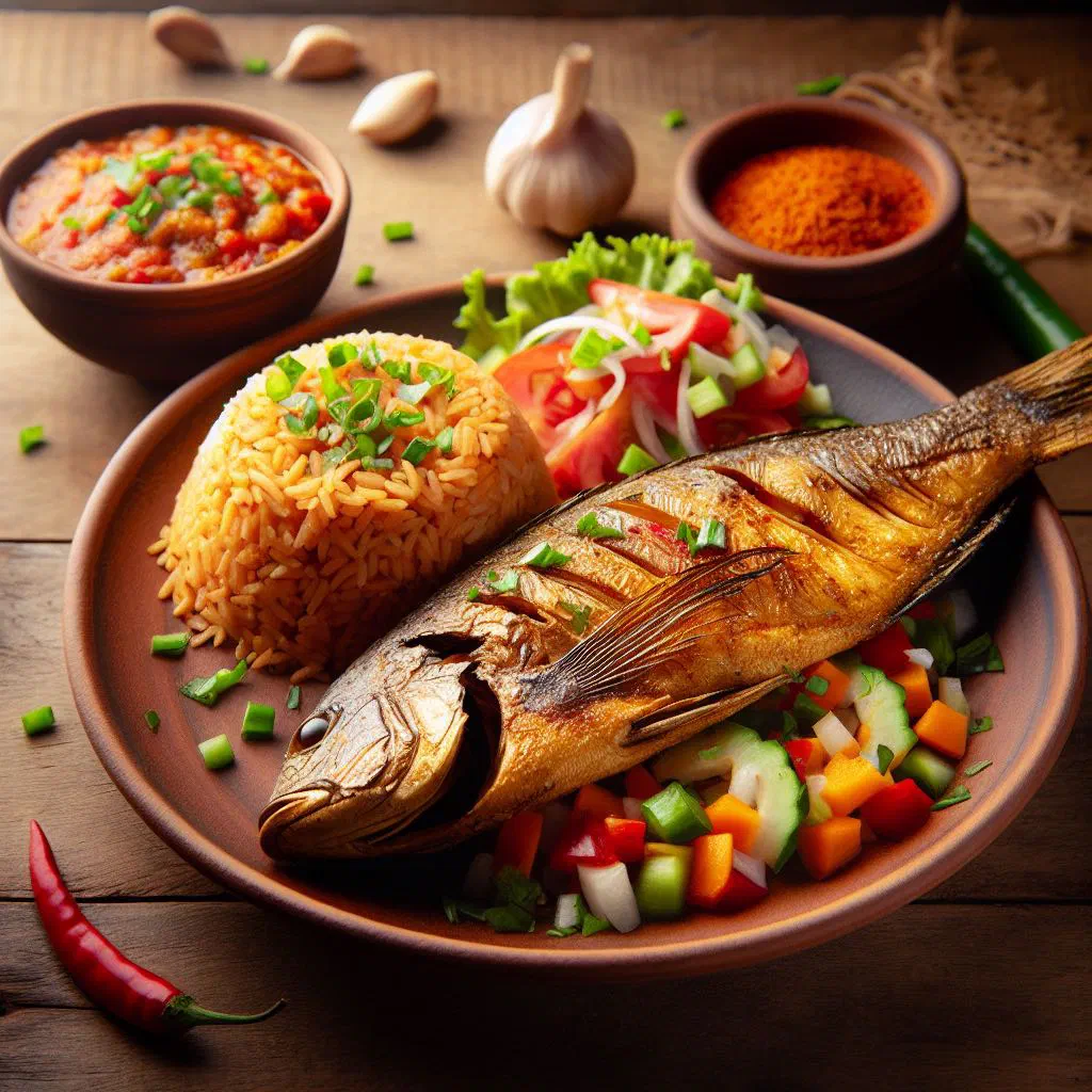 Grilled capitaine fish with charred vegetables and lime wedges on a wooden board