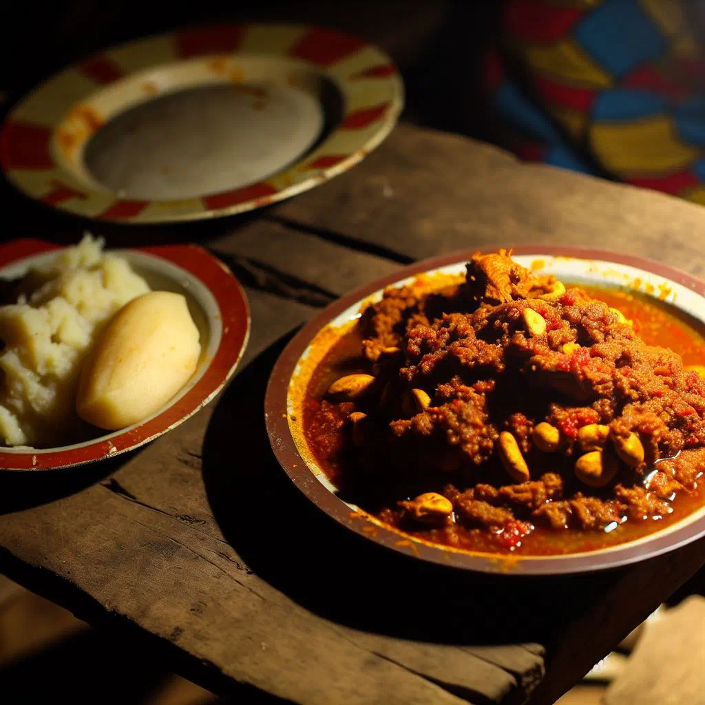 Bowl of koko pâte, a smooth cassava and peanut dough, garnished with fresh herbs