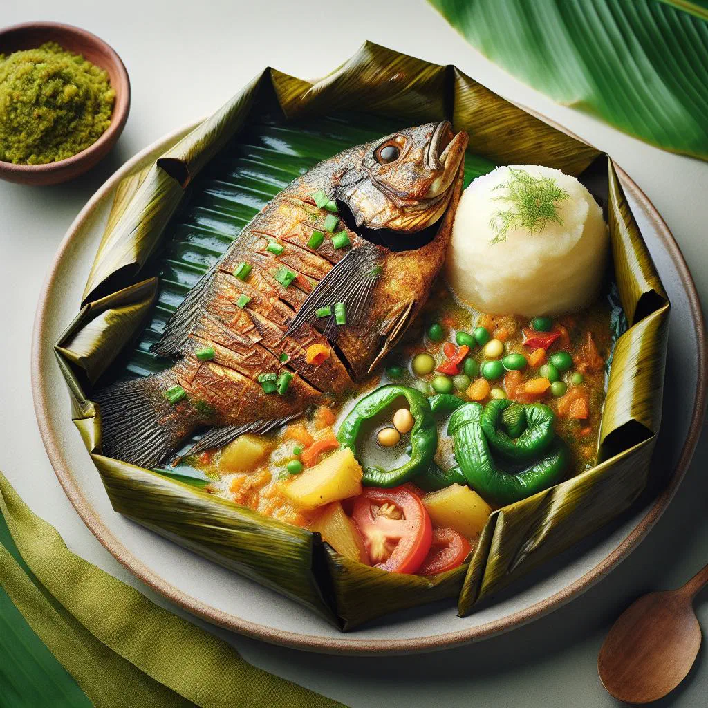 Steamed fish in banana leaf parcels with tomatoes, peppers and fresh herbs