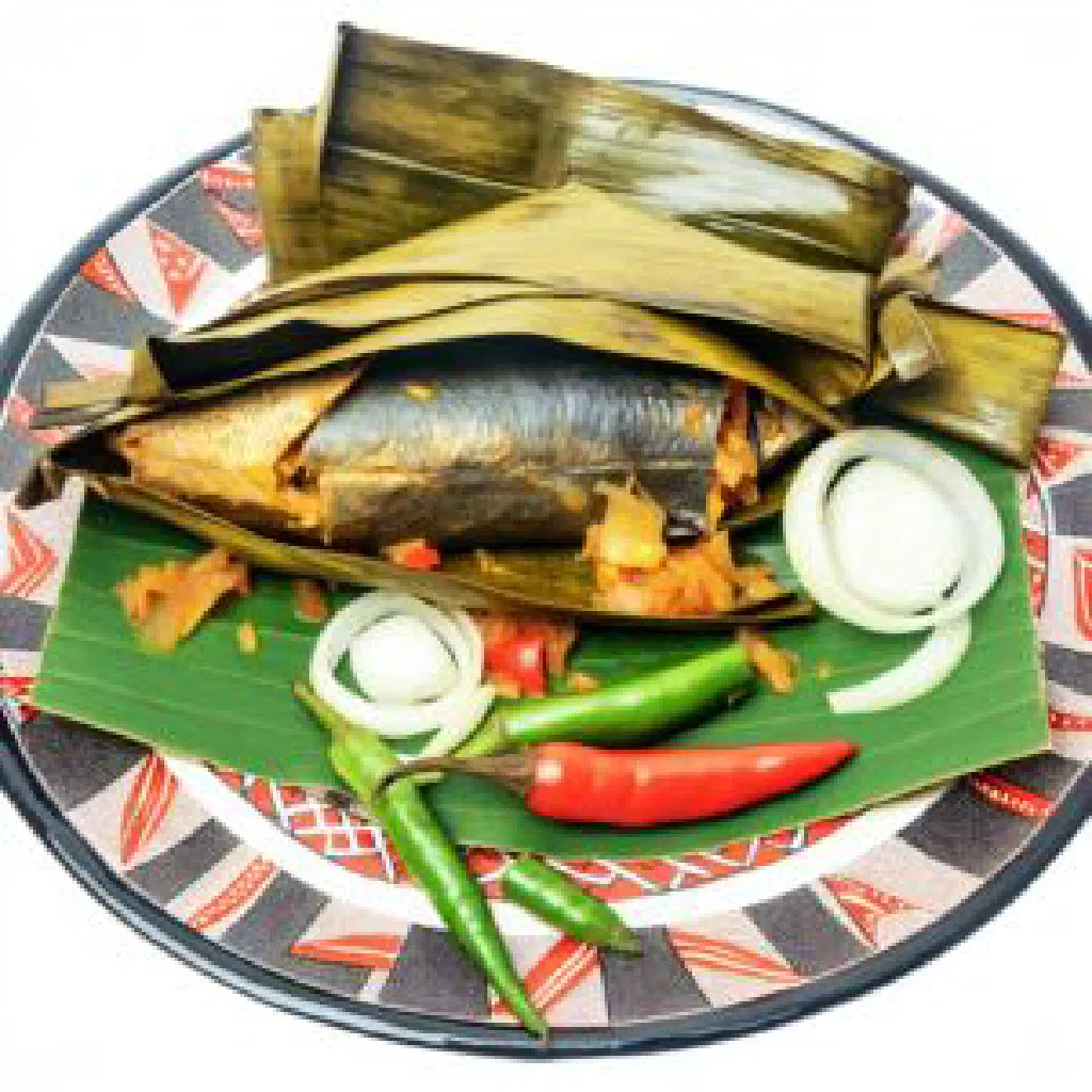 Steamed fish maboké unwrapped from banana leaves with lime and herbs