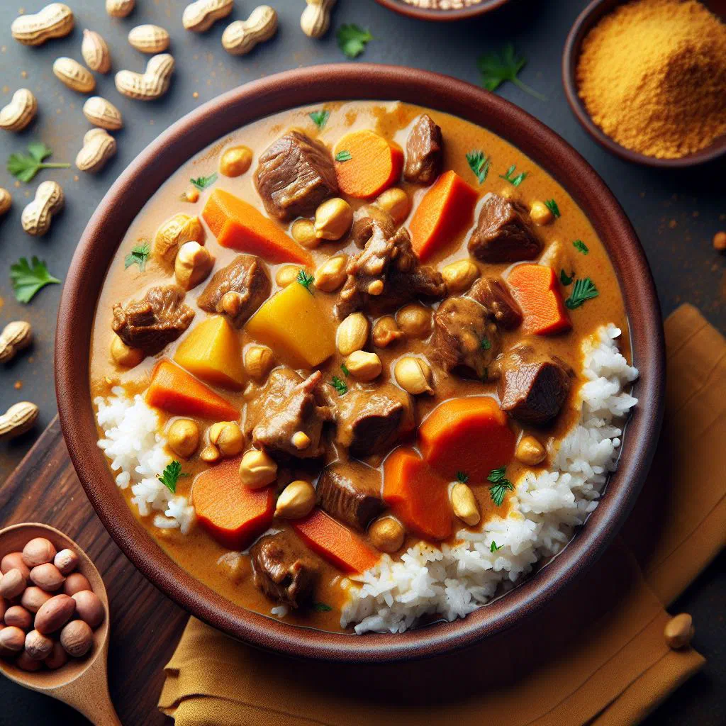 Mafe stew with chicken and vegetables in a creamy peanut sauce