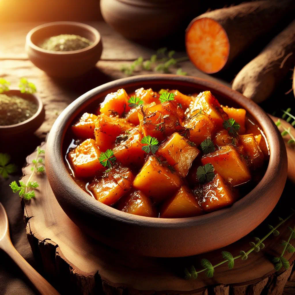 Golden braised cassava pieces with onions and fresh herbs in a rustic bowl