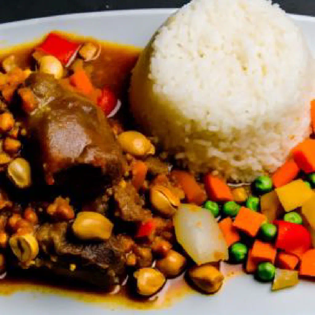 Bowl of mbala pinda with peanuts and colourful vegetables