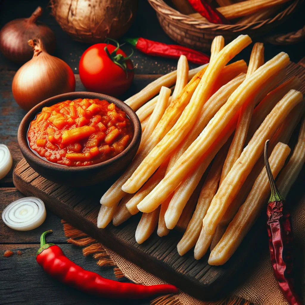Sliced miondo cassava sticks served on a plate with sauce