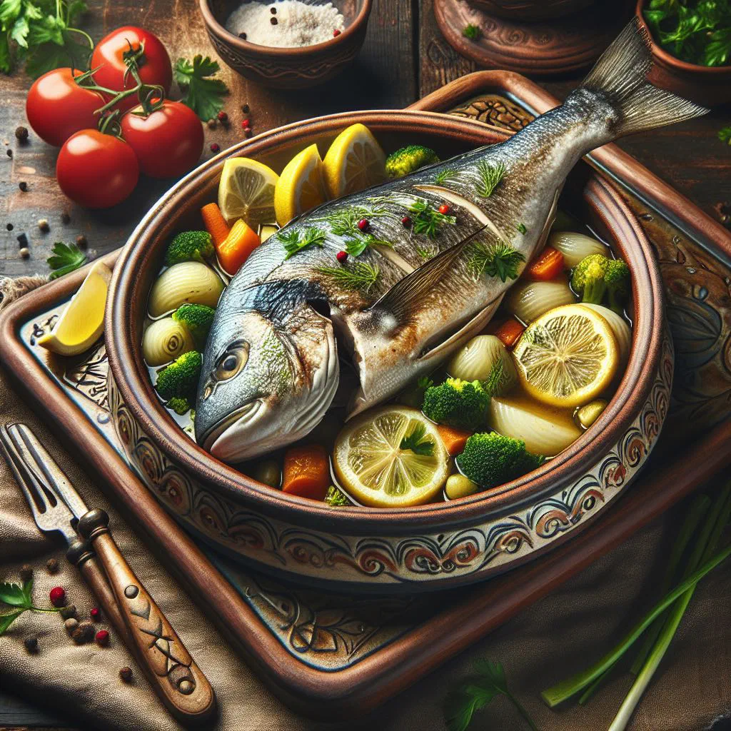 Grilled whole fish with herbs and lemon slices on a platter