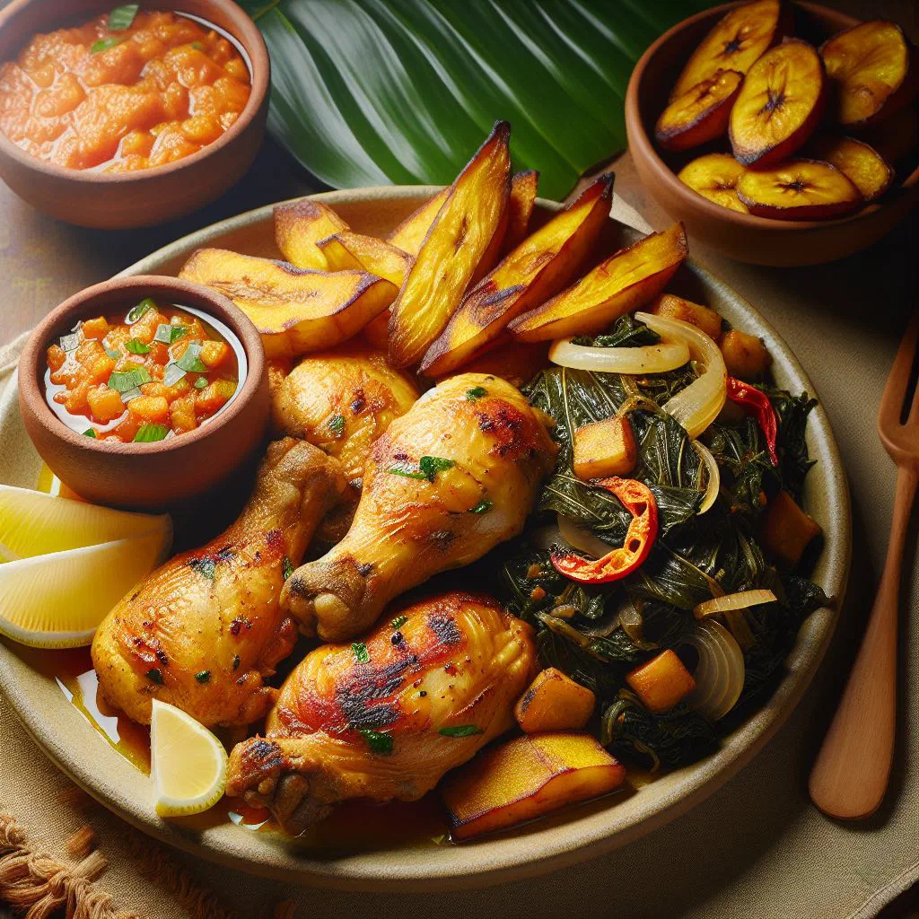 Grilled marinated chicken pieces with lemon wedges and fresh herbs