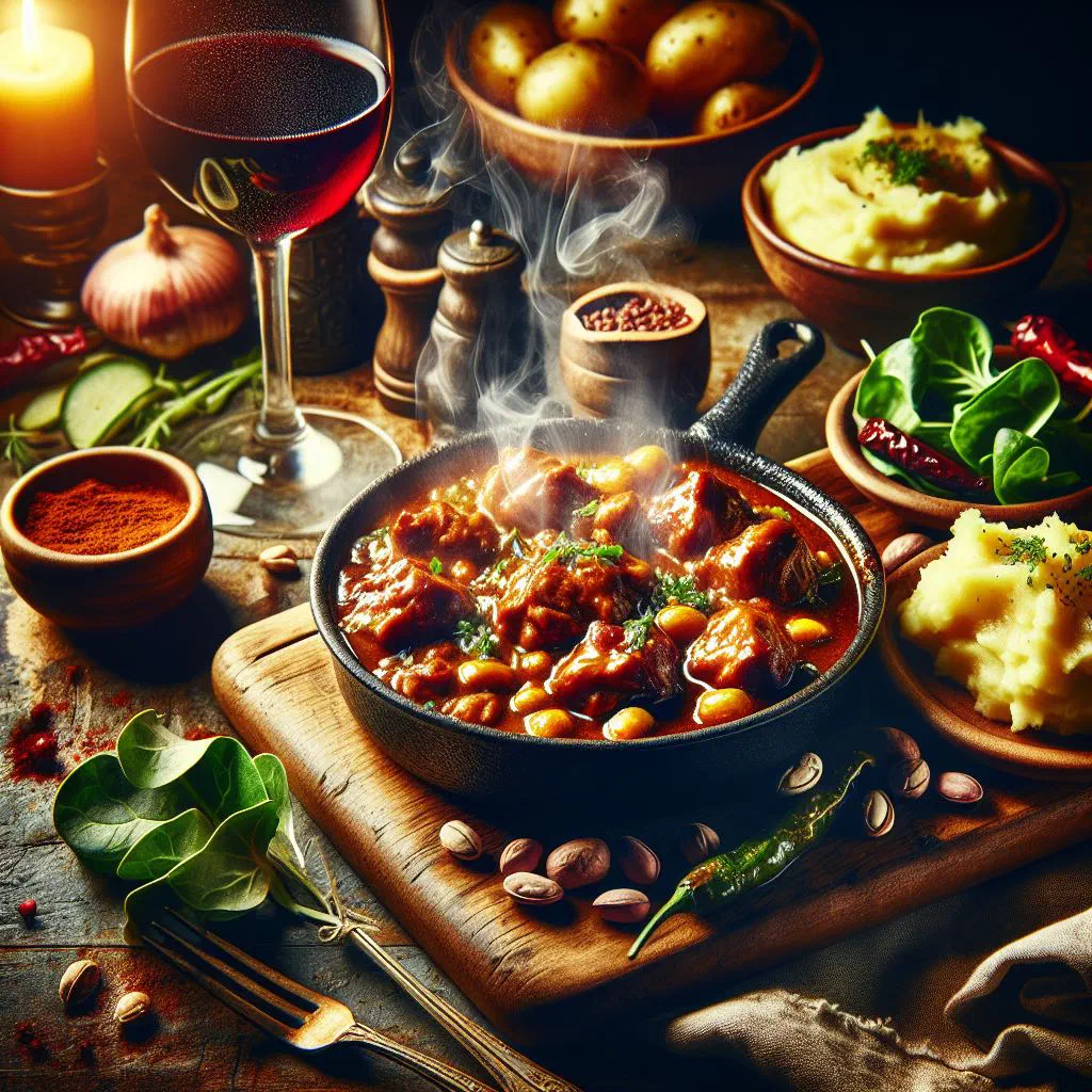 Central African pork and peanut stew in a deep bowl with fresh herbs