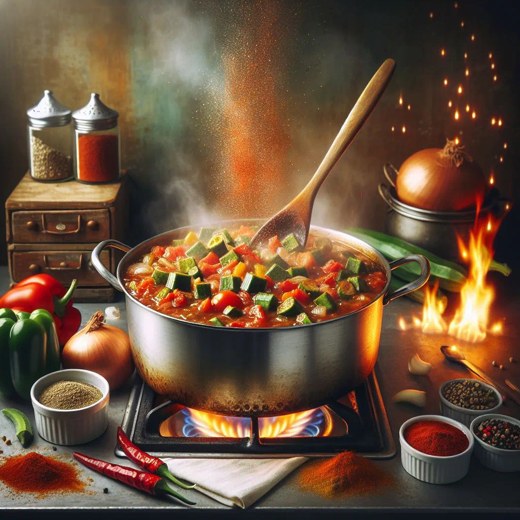Bowl of sauce gombo with okra, tomatoes and fresh herbs