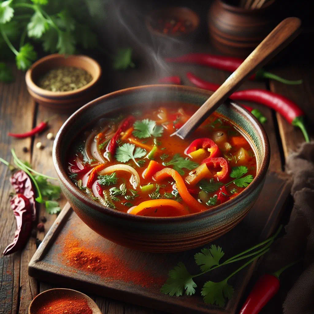 Bowl of spicy Central African vegetable soup garnished with fresh coriander