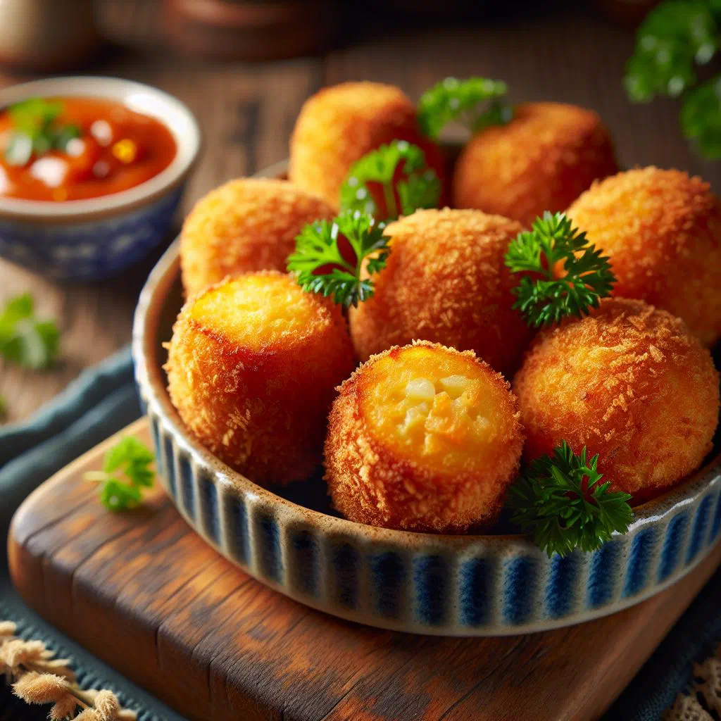 Golden fried yam croquettes on a plate with fresh herbs