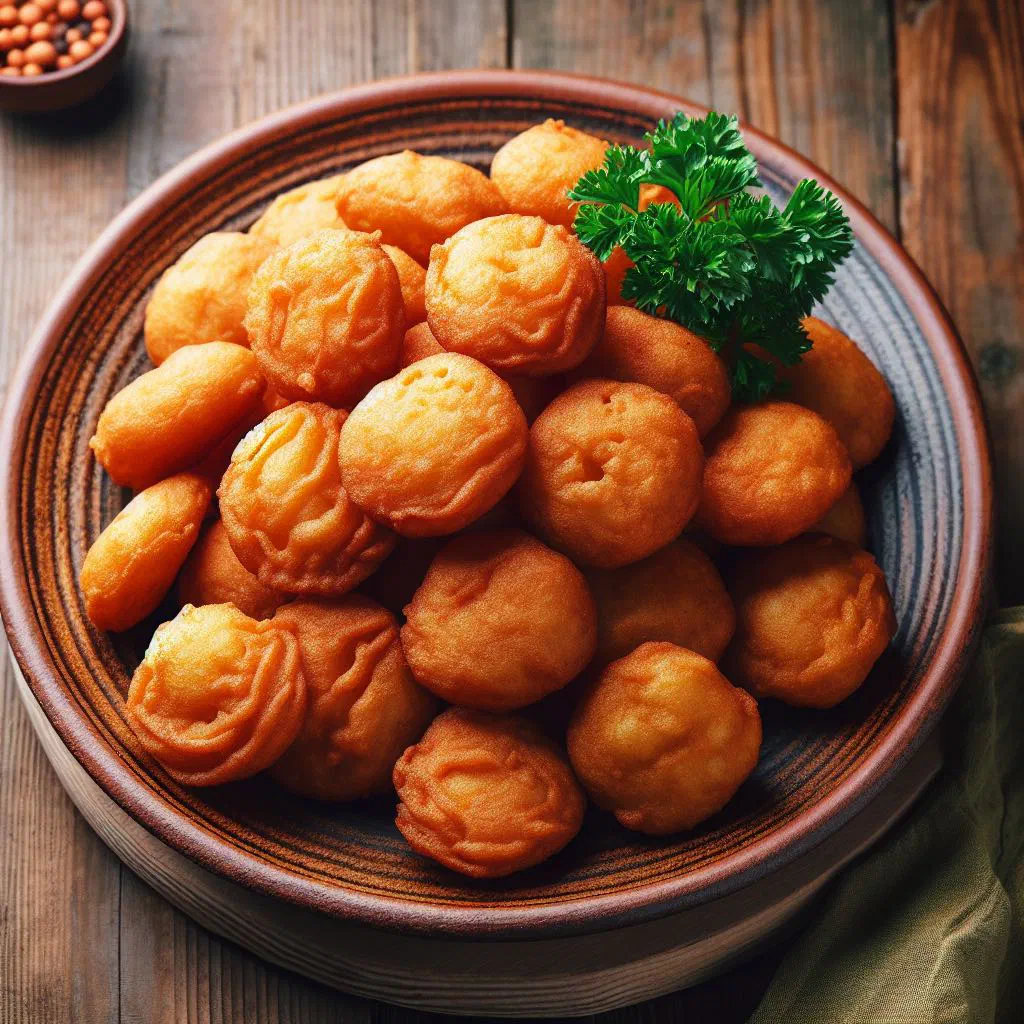 Golden fried akara chickpea balls piled on a plate with fresh herbs