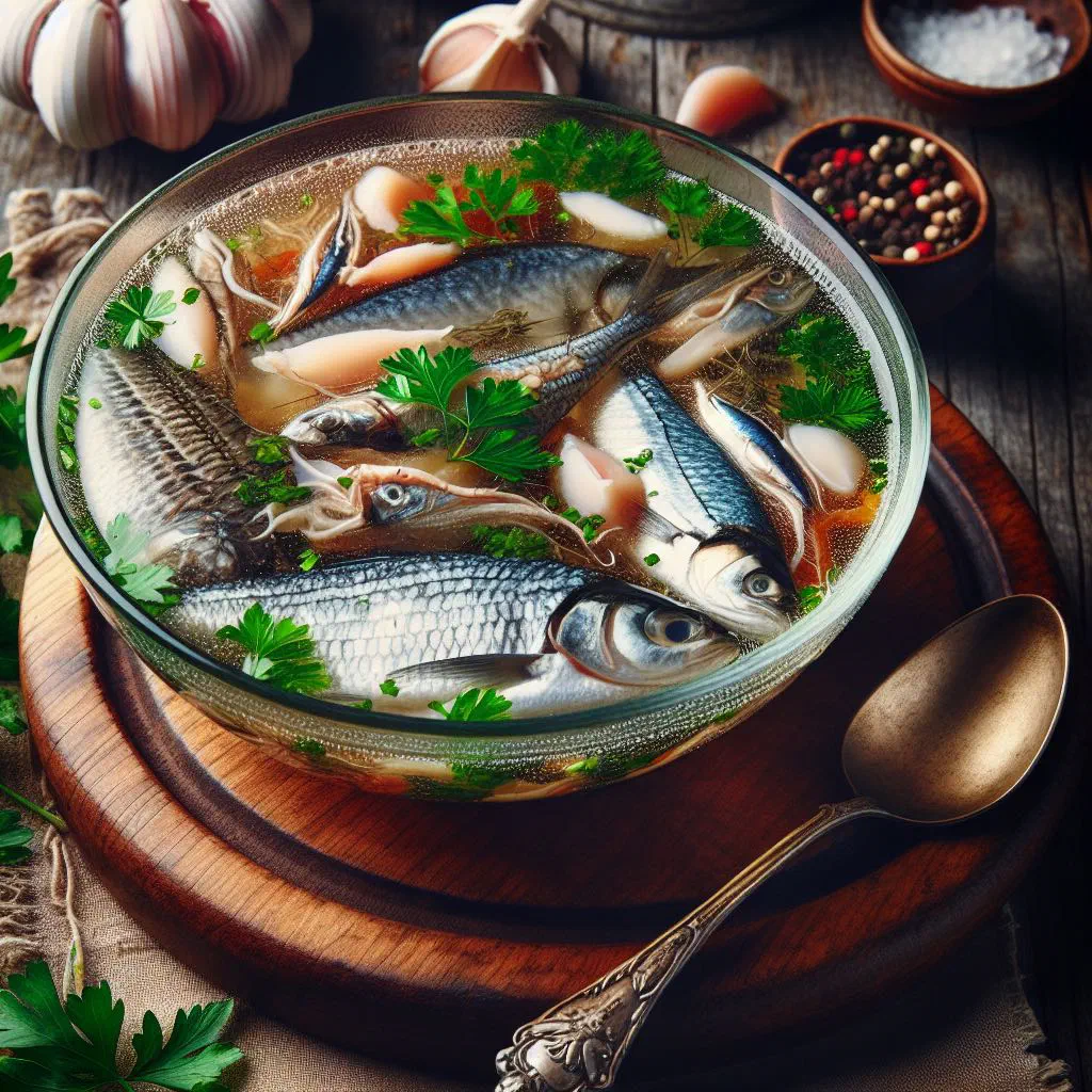 Bowl of Chadian fish soup with vegetables and fresh herbs