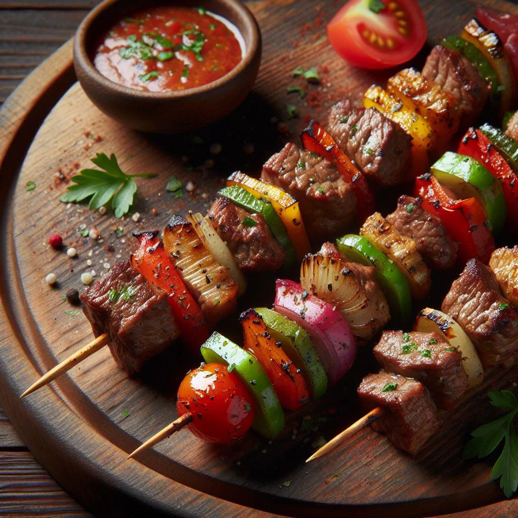 Grilled brochette skewers with marinated meat and peppers on a platter