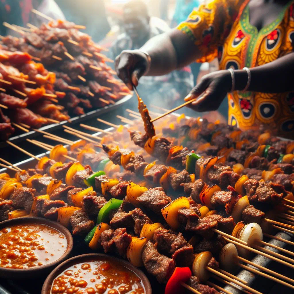Grilled chichinga meat skewers on wooden sticks with spices