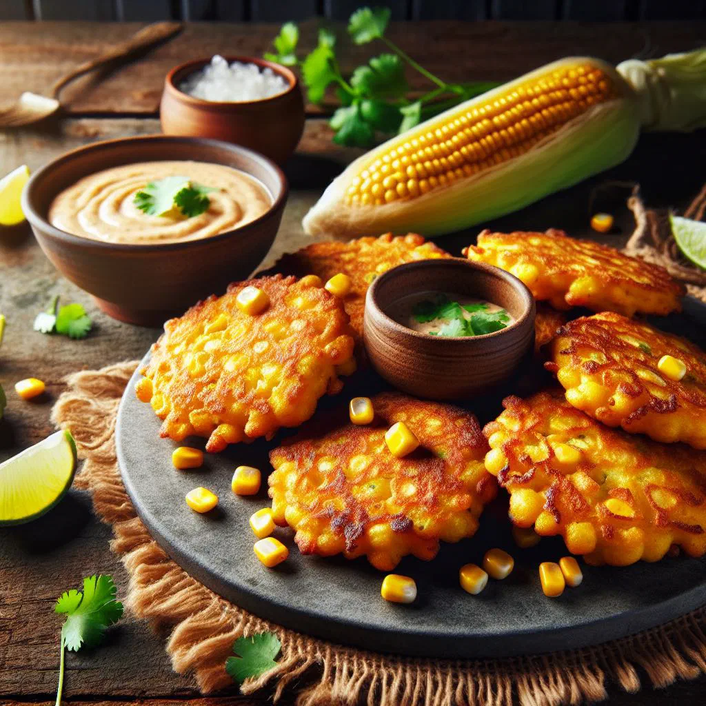 Golden-brown corn fritters piled on a plate with fresh herbs
