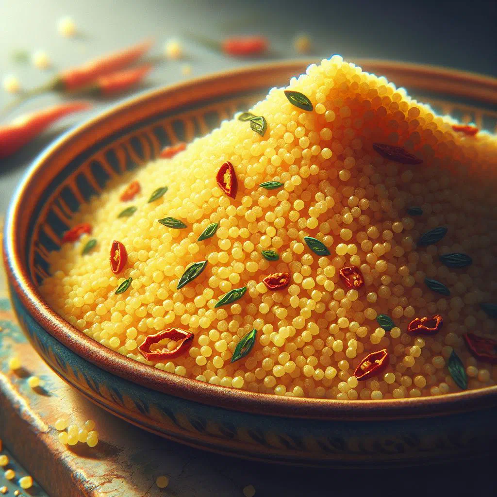 Steamed couscous with diced carrots, peppers and fresh herbs