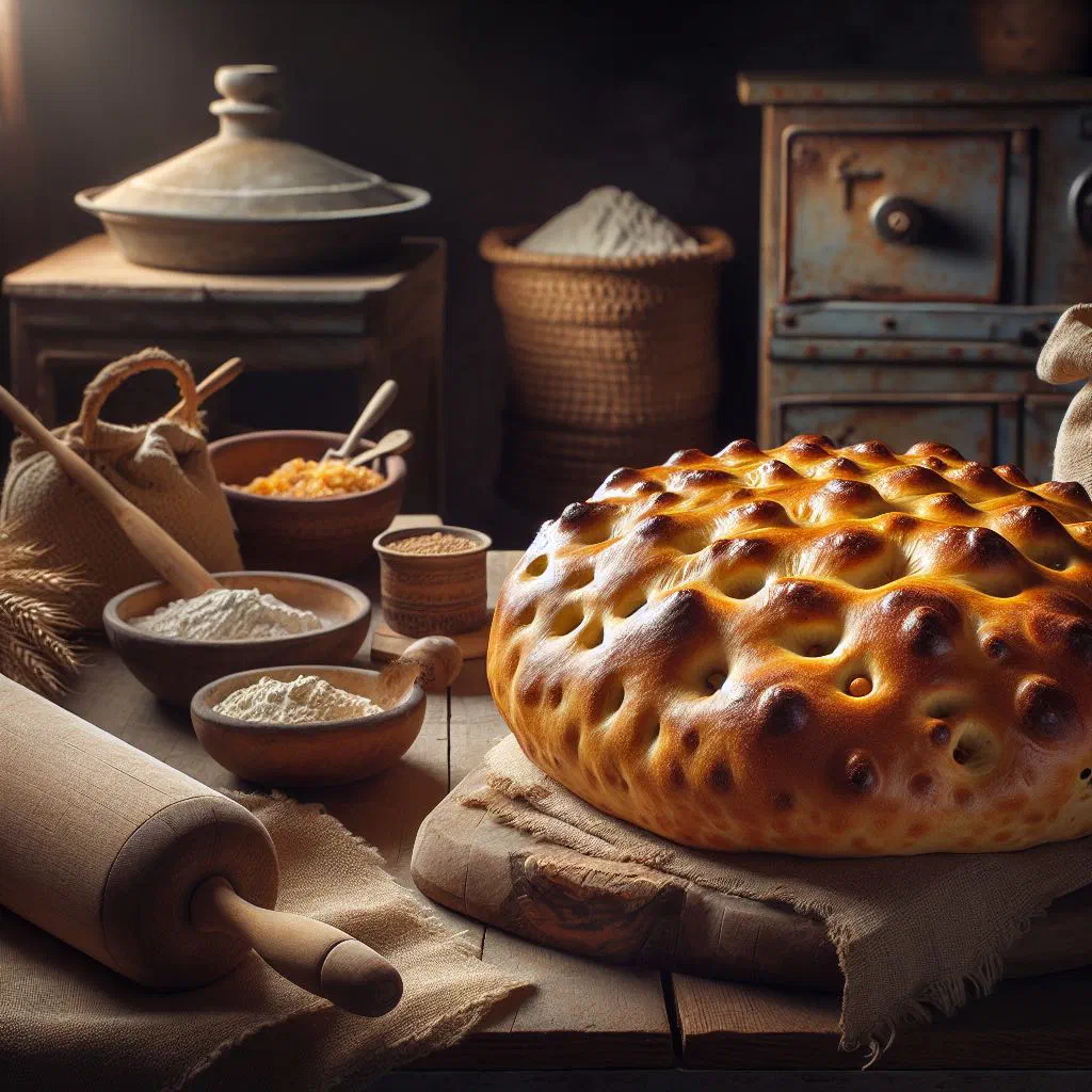 Golden slashed Chadian fougasse flatbread on a wooden board