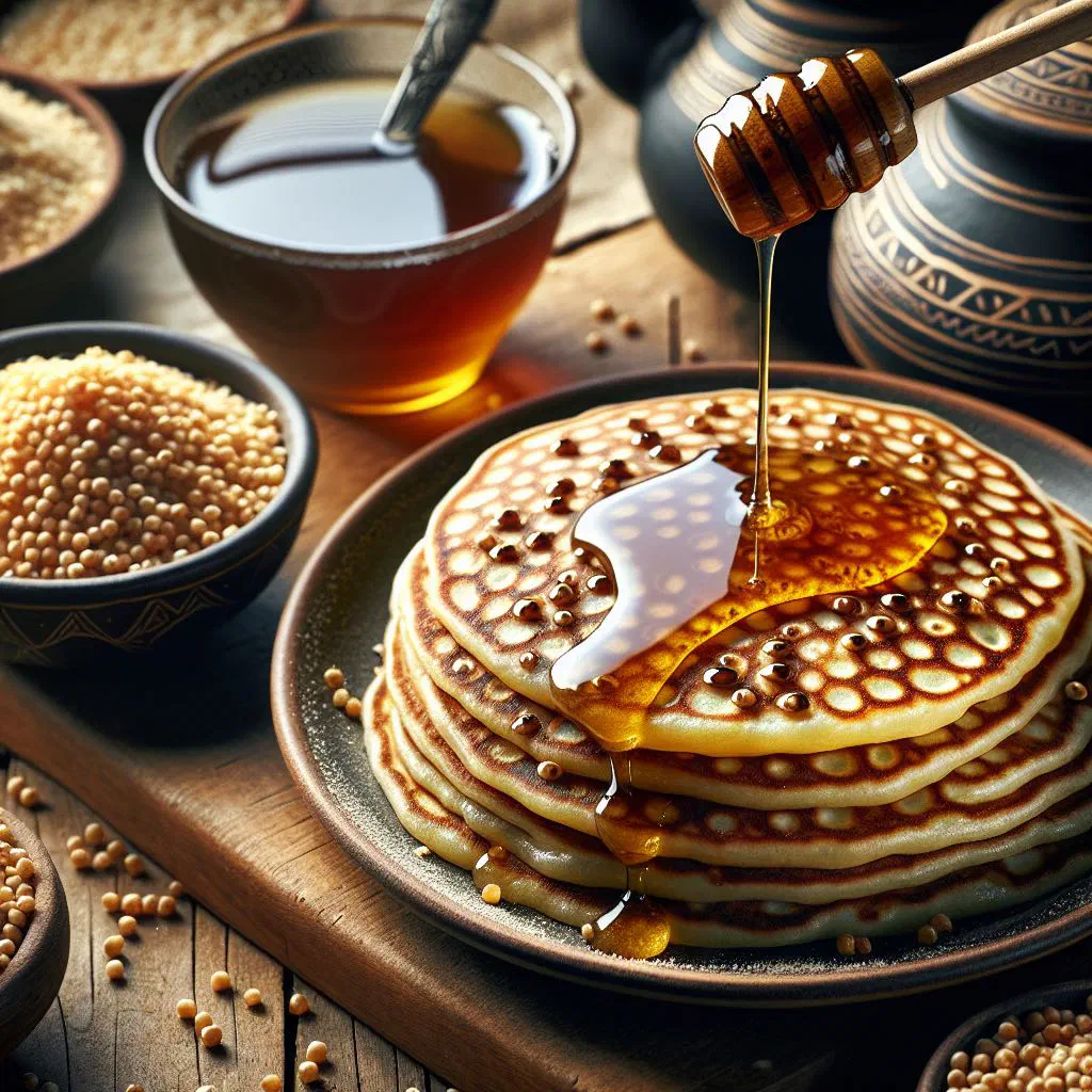 Golden cornmeal galettes stacked on a plate with fresh herbs
