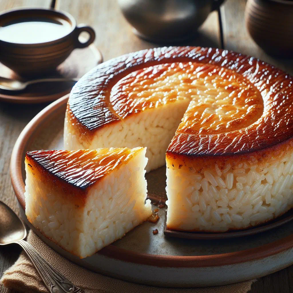 Golden baked Chadian rice cake sliced on a plate
