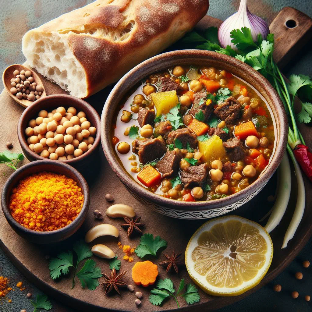 Bowl of Chadian harira soup with lentils, tomatoes and fresh coriander