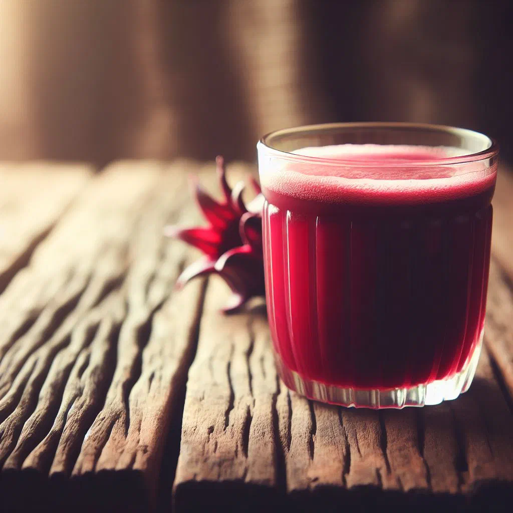 Deep red hibiscus drink served chilled in a glass with ice and lemon