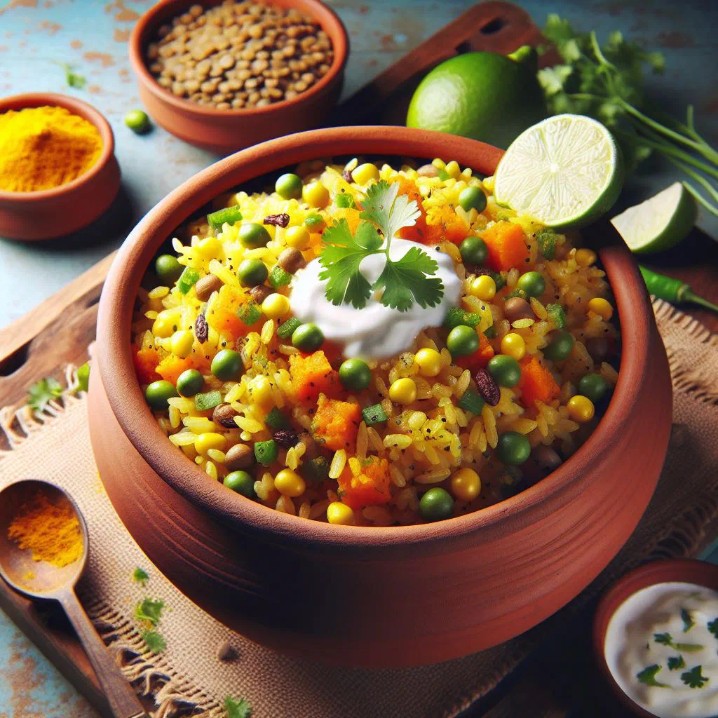 Bowl of kichiri, a Chadian rice and lentil dish topped with fresh herbs