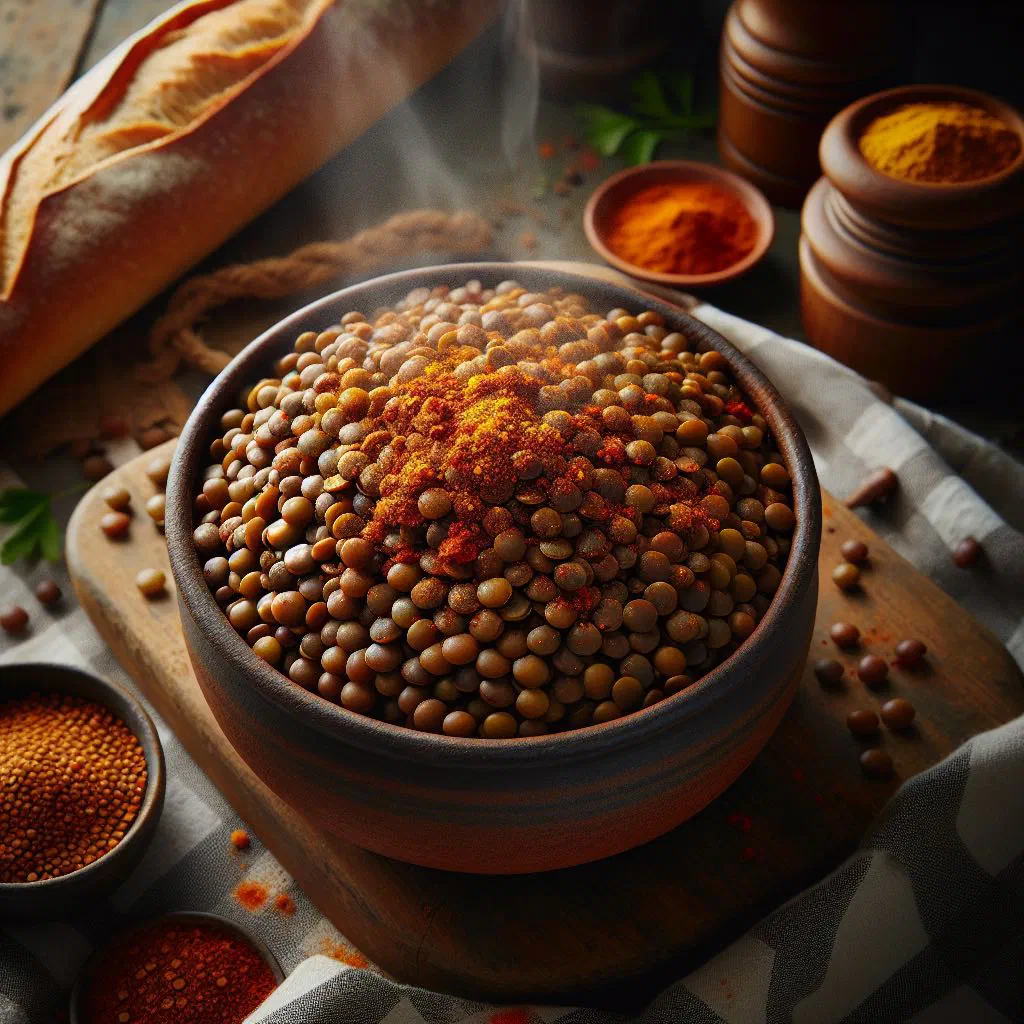 Bowl of spiced Chadian lentils garnished with fresh coriander
