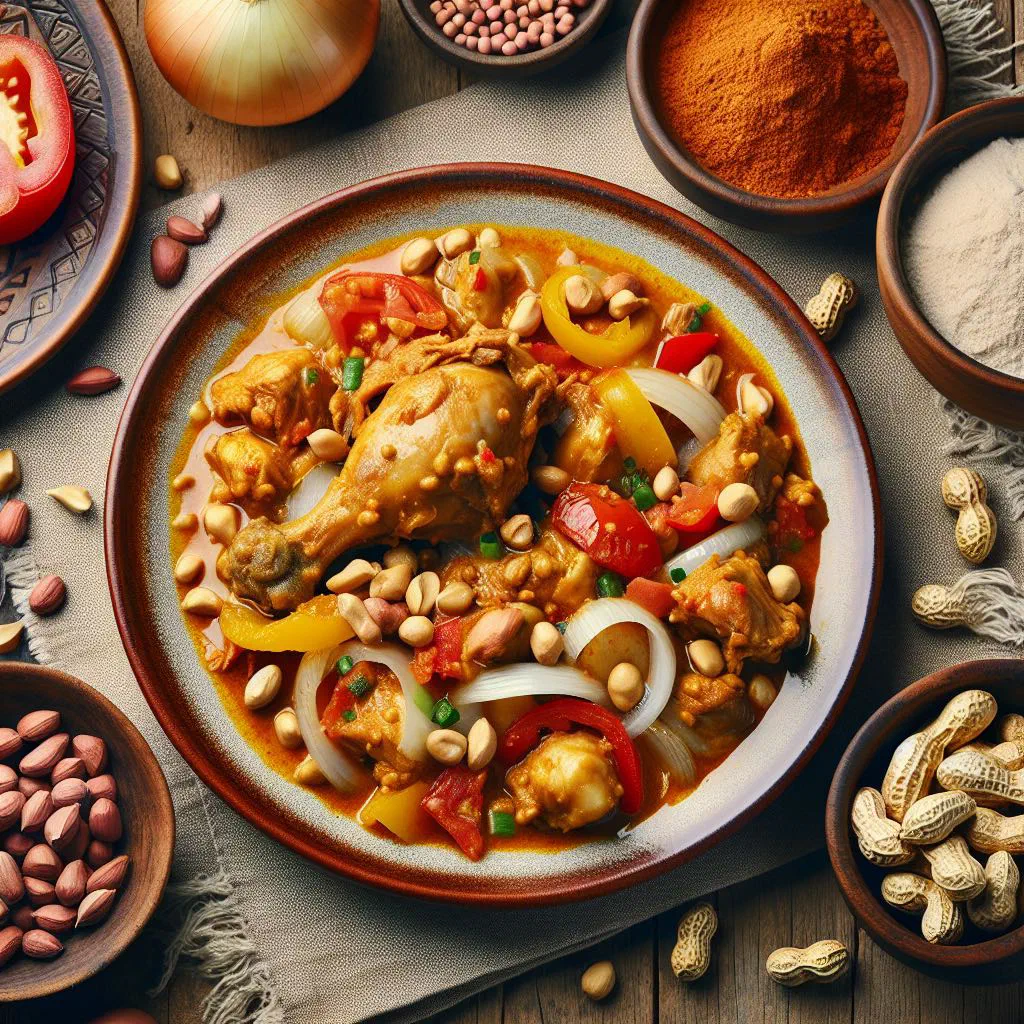 Chicken pieces simmered in a creamy peanut sauce with vegetables, served with rice