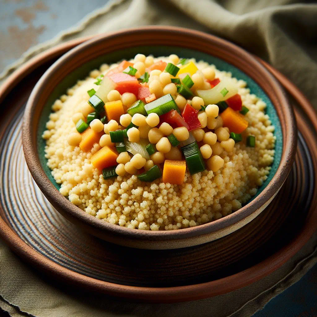 Bowl of Chadian millet couscous with sautéed vegetables and fresh herbs