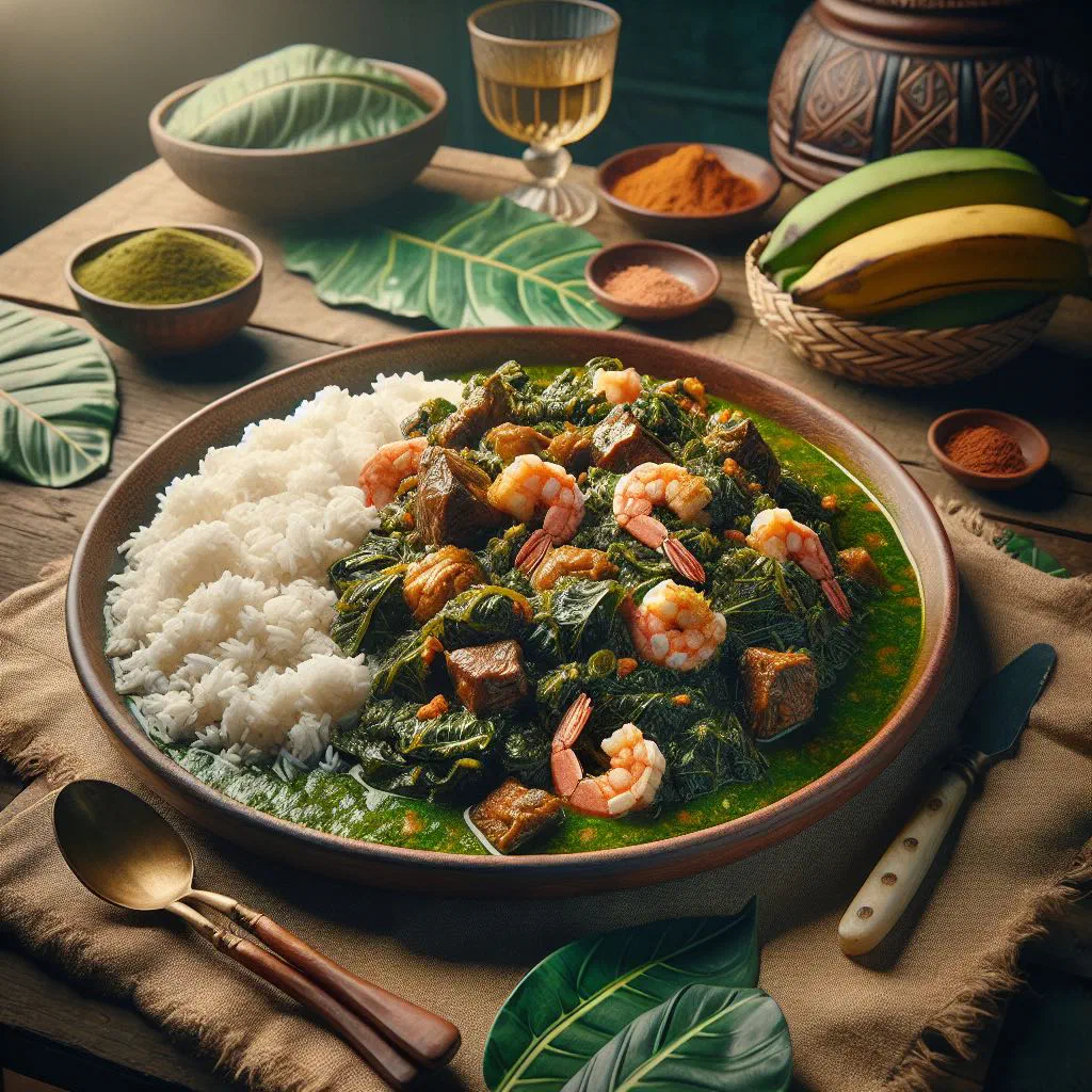 Ndole stew of bitter leaves and peanuts with meat, served with rice