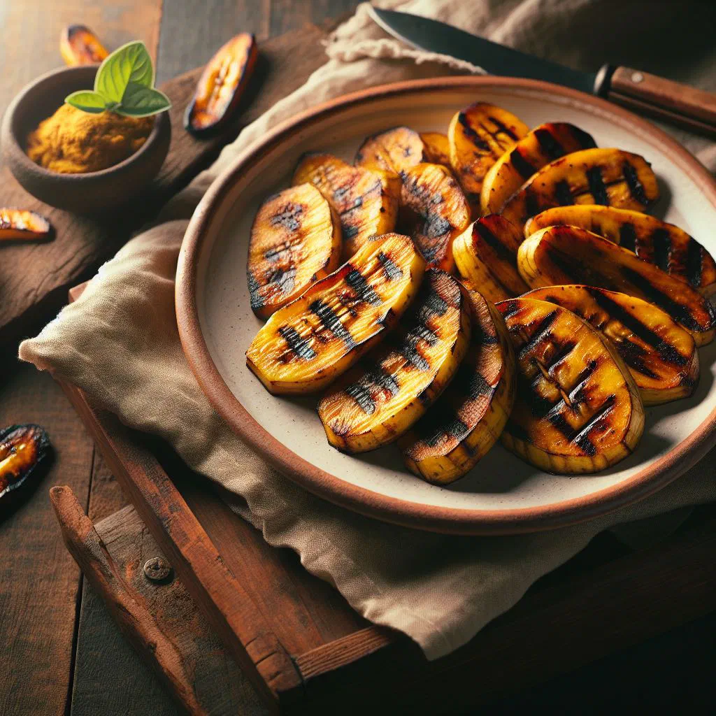 Grilled plantain halves with charred, golden-brown edges on a plate