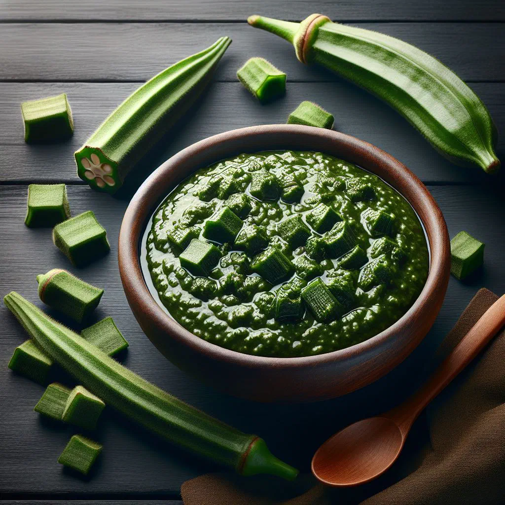 A bowl of Chadian sauce foléré with leafy greens, tomato and onion