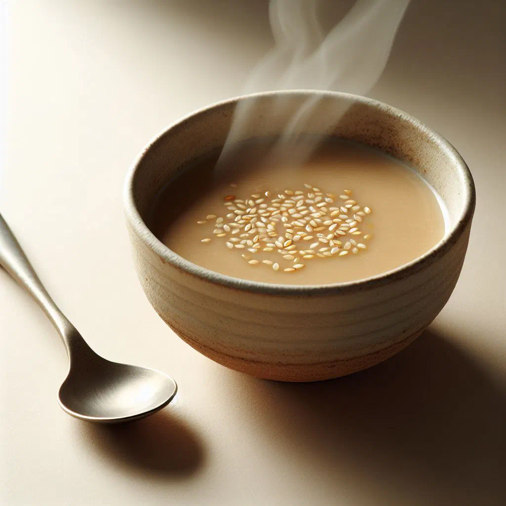 Bowl of creamy Chadian sesame soup garnished with fresh herbs and toasted seeds