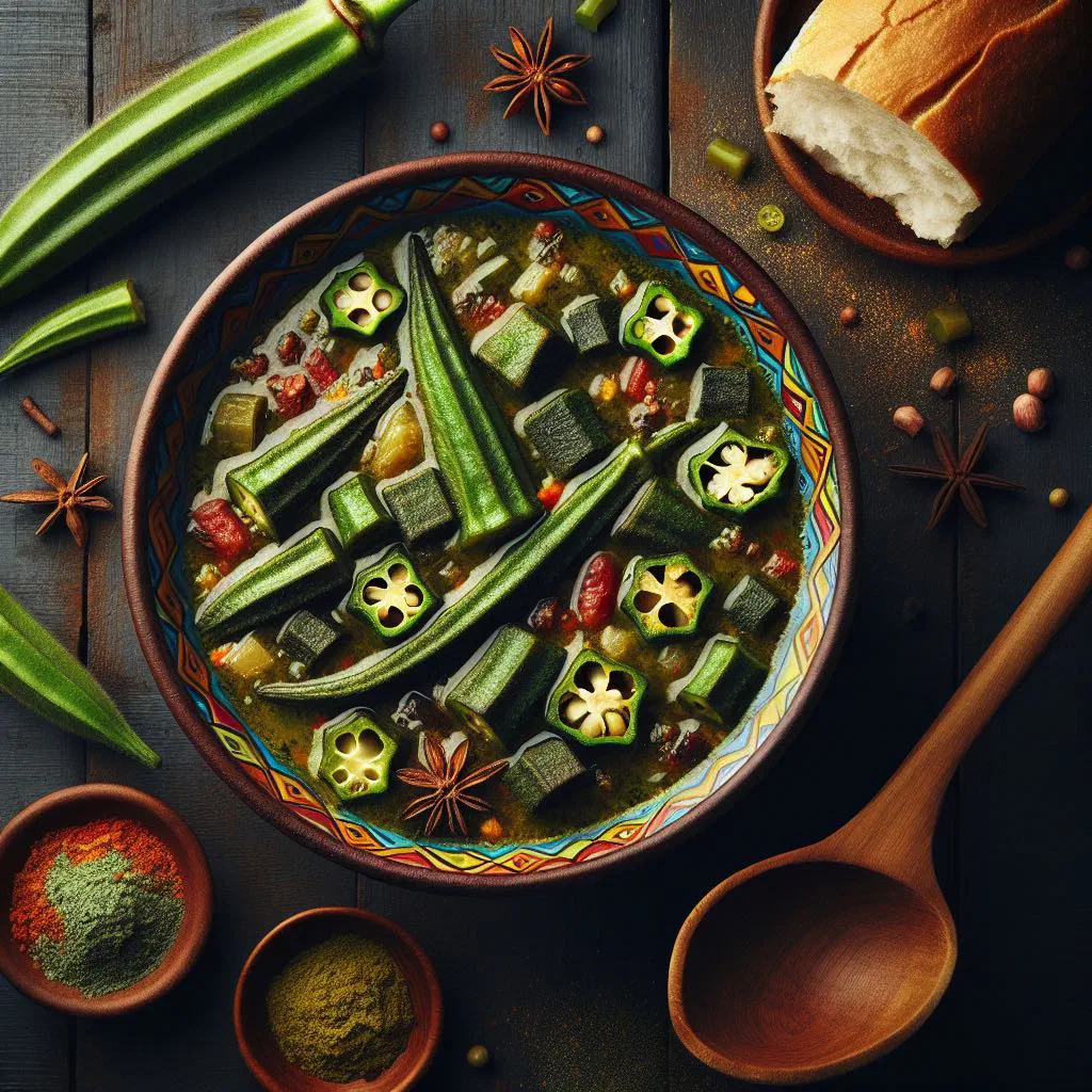 Bowl of Chadian okra soup with tomatoes and fresh herbs